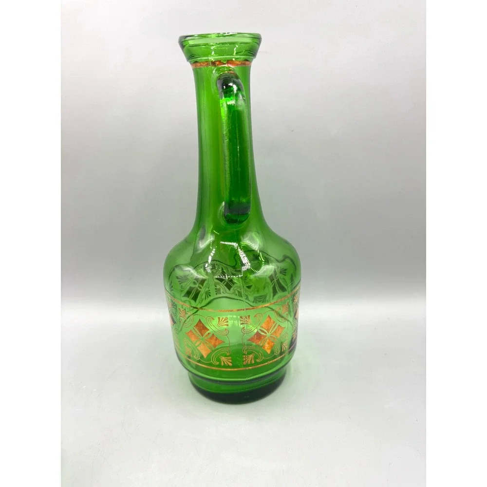 Vintage Green Glass Decanter Set 6 Shot Glasses Gold Geometric Pattern MCM EMPTY
